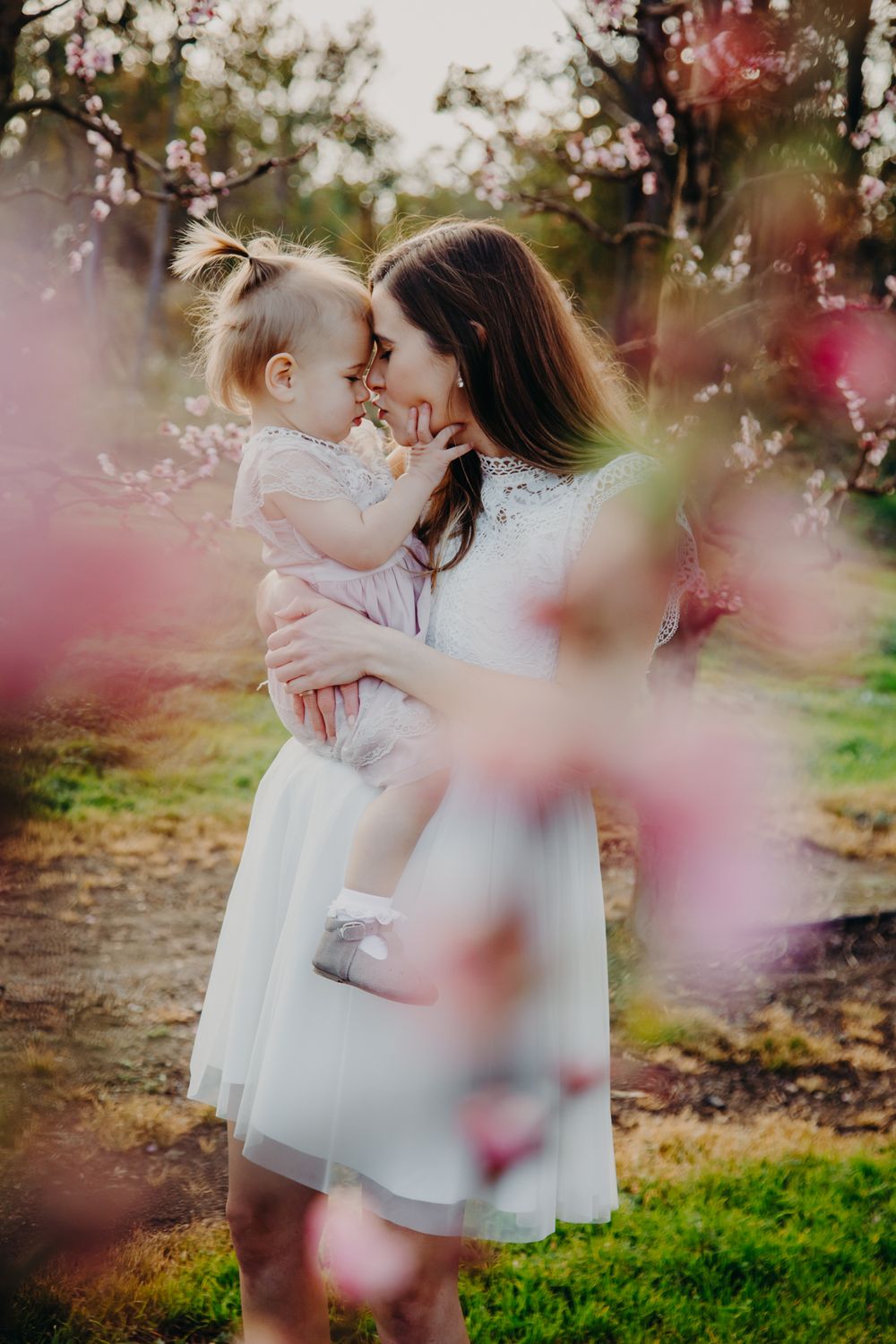 A tender spring moment amid cherry blossoms in a white dress.