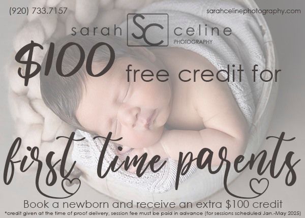 Studio advertisement showing $100 credit offer for first-time parents' newborn photography.