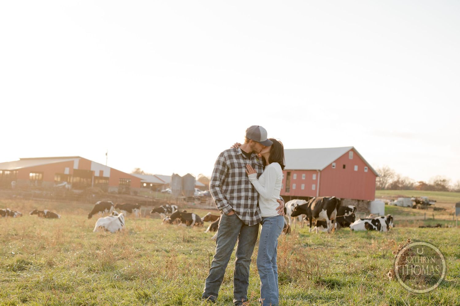 A couple embraces in a rustic farm setting during golden hour with a red barn and cattle in the distance.