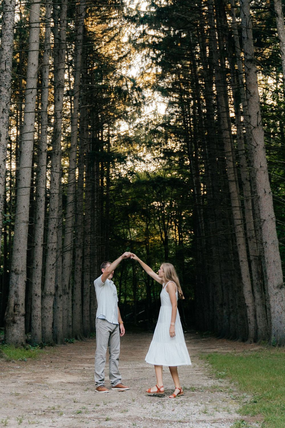 Couple creates heart shape with arms under tall pine trees in magical forest setting.