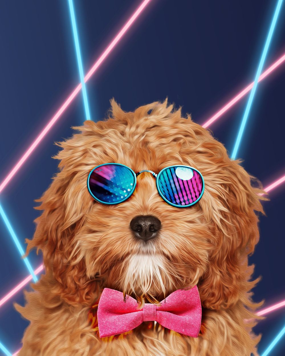 Awkward photo of a dog wearing colourful glasses and pink bow tie, against an 80's neon laser background.
