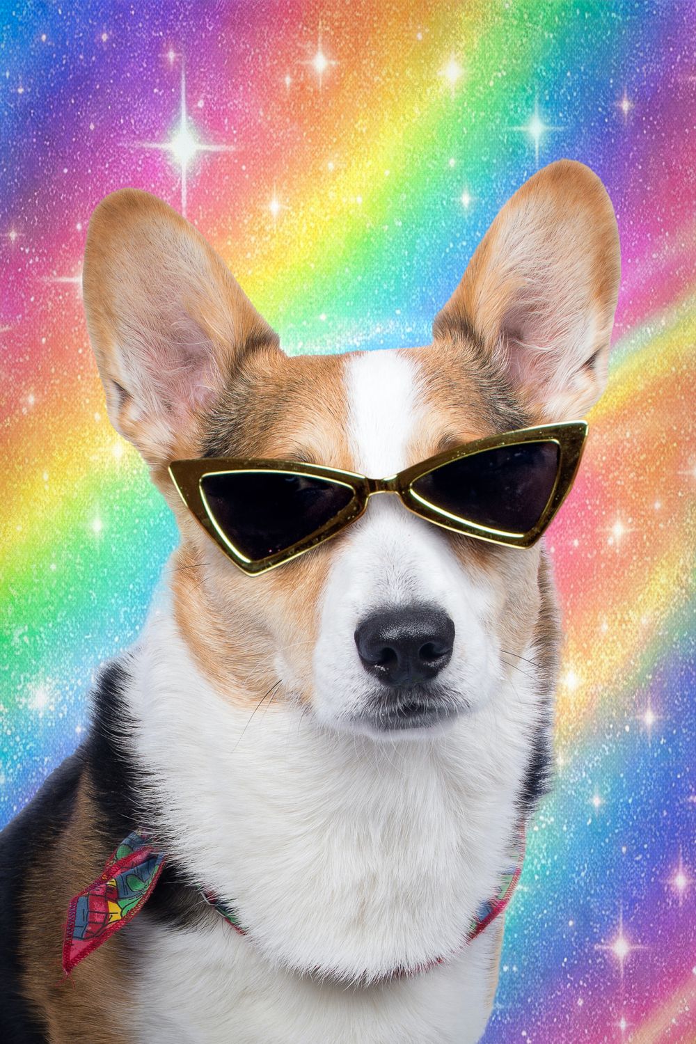 awkward photo of a dog wearing 80s glasses against a rainbow sparkle background