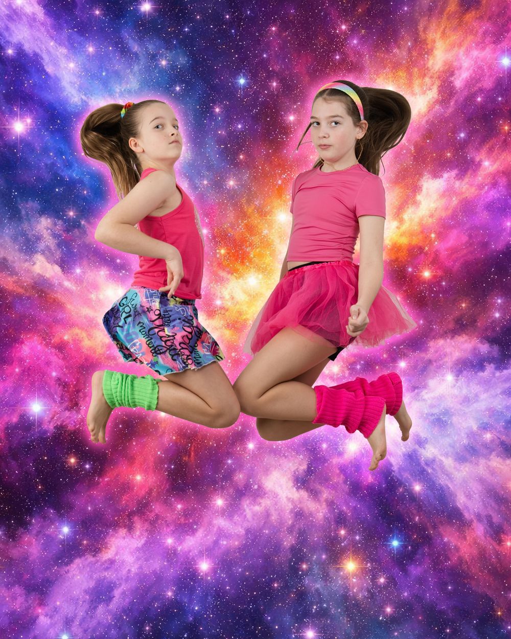 two girls jumping, wearing 80s inspired neon outfits, galactic colourful background, for awkward photoshoot