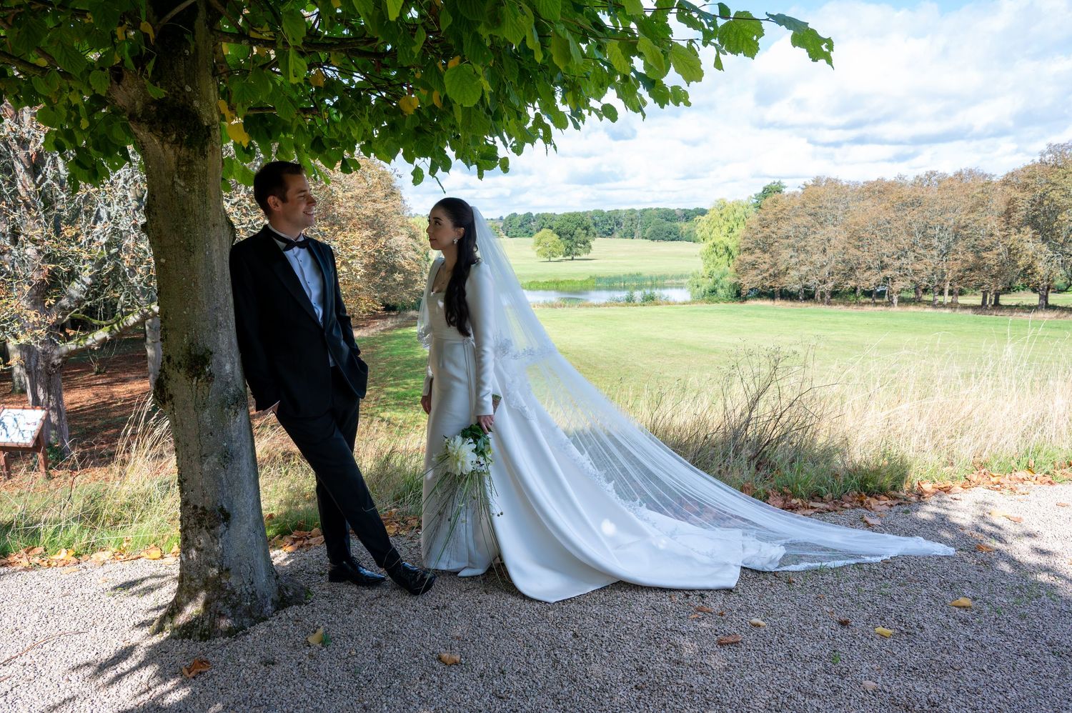 Couple in Kelmarsh Hall during weekday wedding