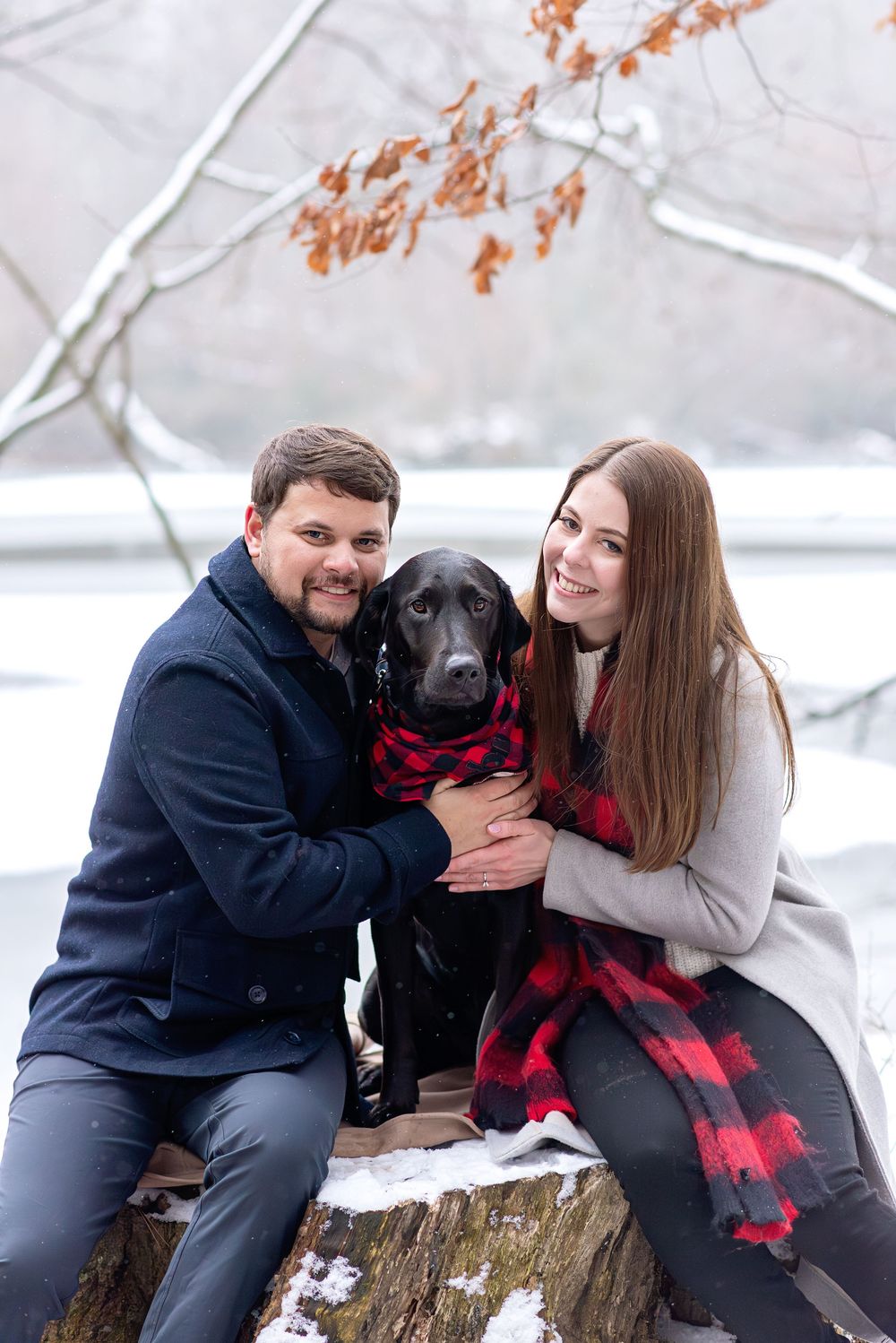 Smiling couple sitting on a snowy log with their black Labrador wearing a red plaid scarf in winter.