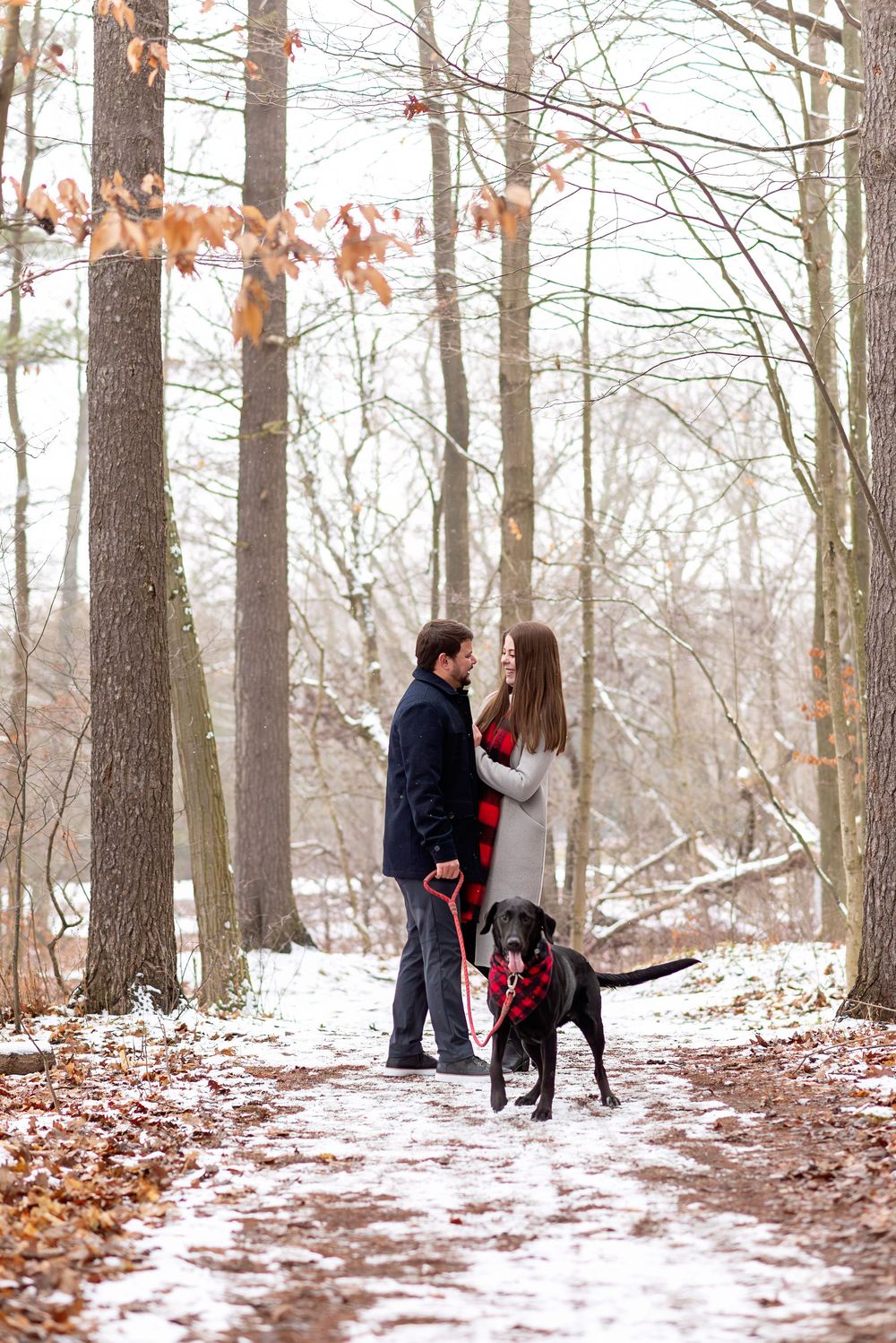 Couple with black Labrador dog walking on a snowy forest path in winter.