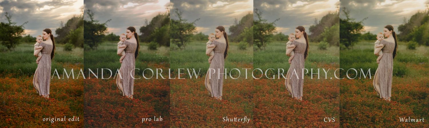 Pregnant woman in flowing dress standing in wildflower field, shown in four photo editing styles by Amanda Corlew Photography.