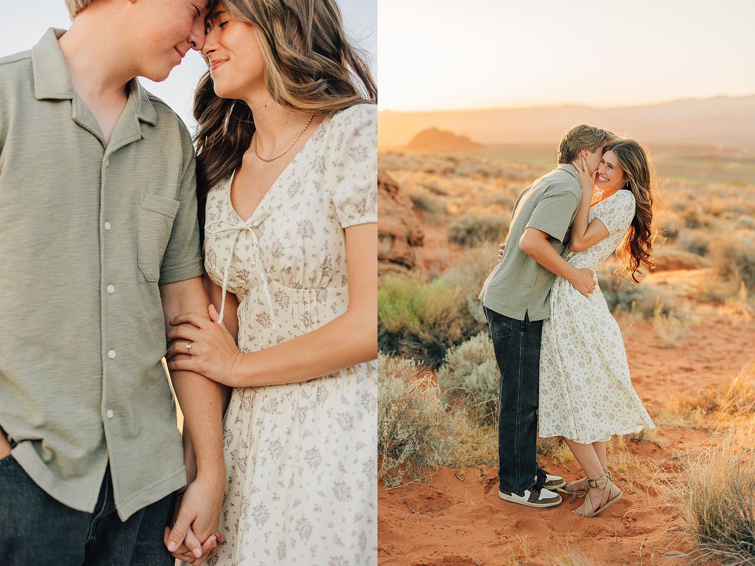 Couple sharing a romantic moment at sunset in a desert landscape, wearing coordinated outfits in soft neutral tones.