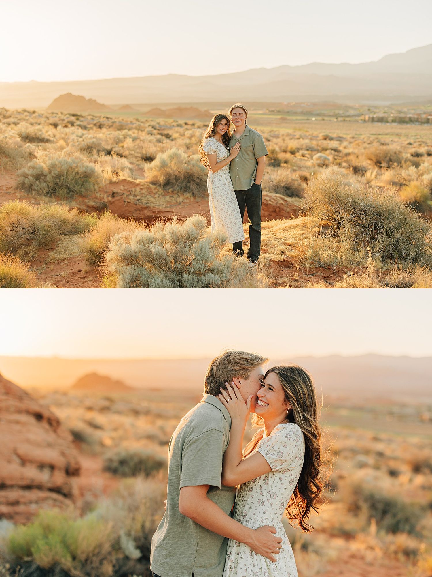 Couple embracing at golden hour in a desert landscape with sage brush and mountains in the background.