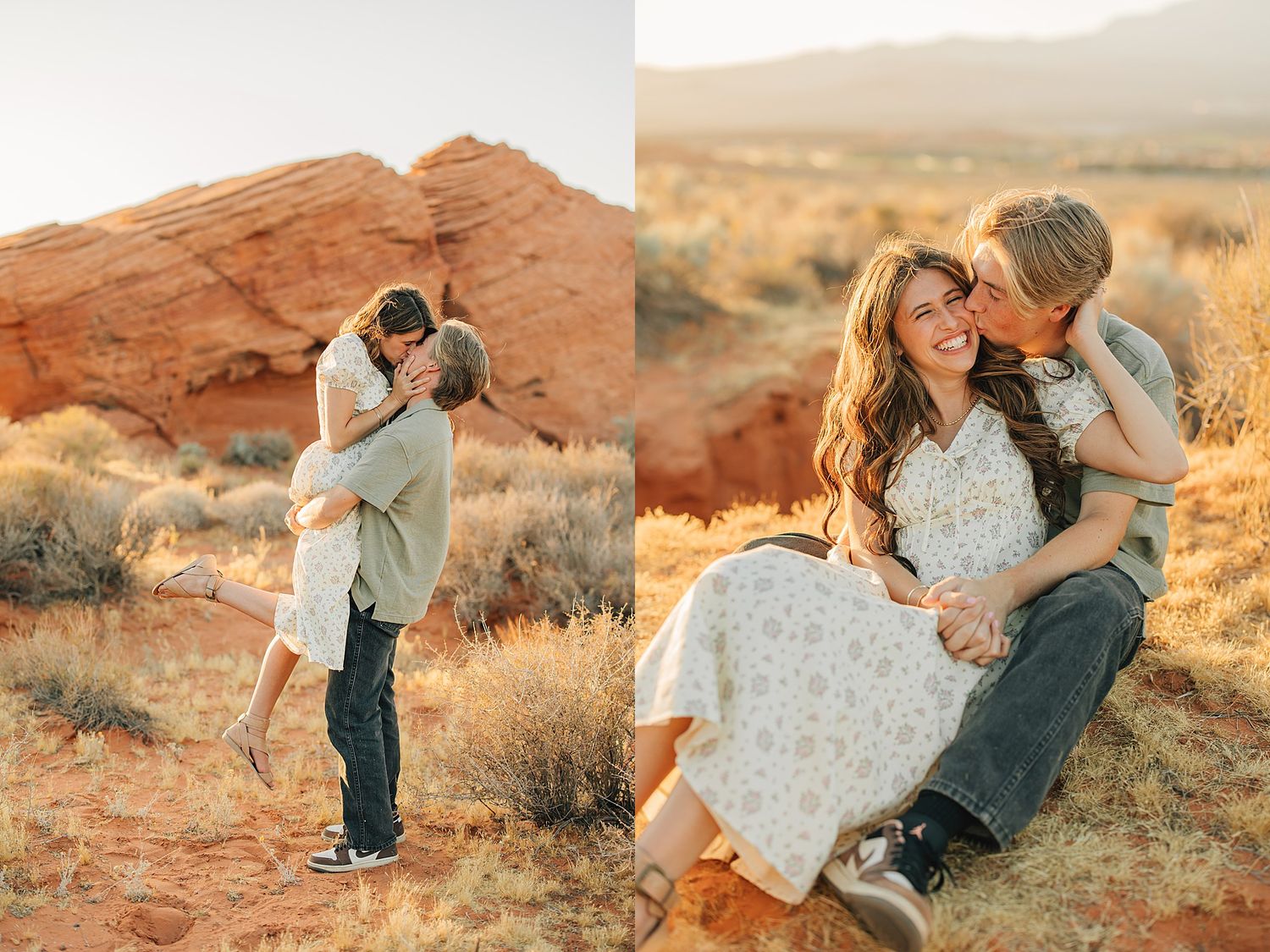 Couple sharing a romantic kiss in red rock desert landscape, woman in floral dress lifted by partner at golden hour.