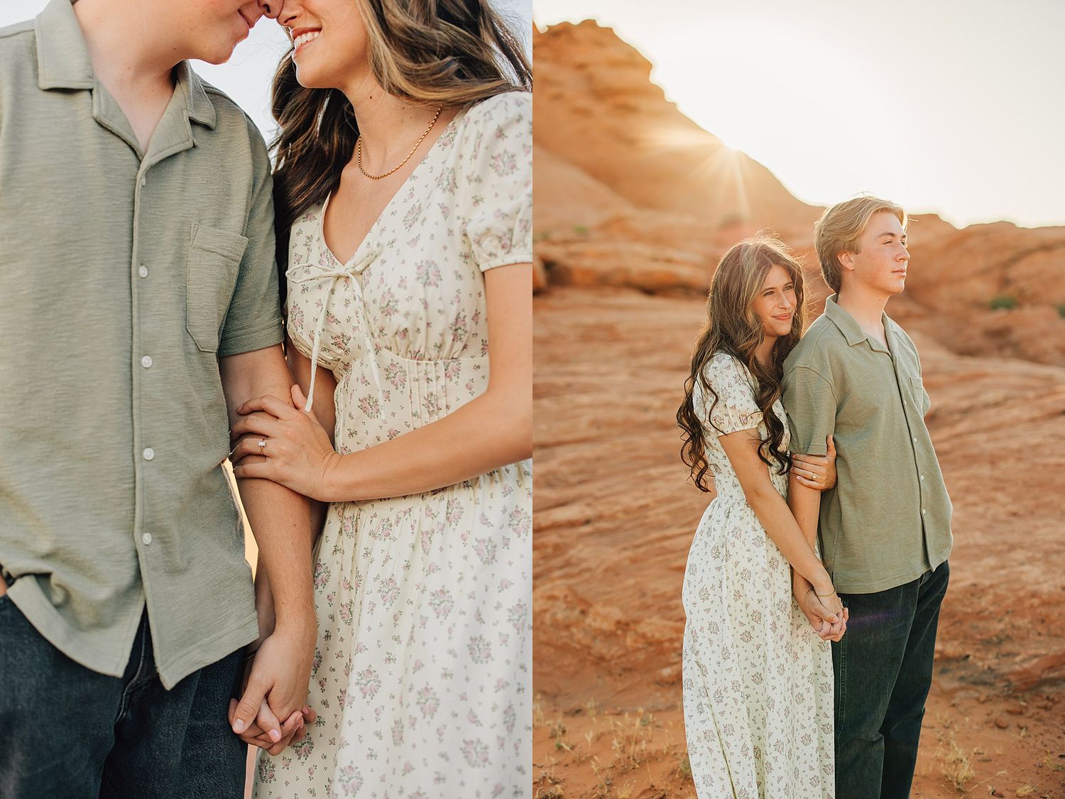 Couple holding hands in golden sunset light, woman in floral dress and man in sage green shirt at red rock desert location.
