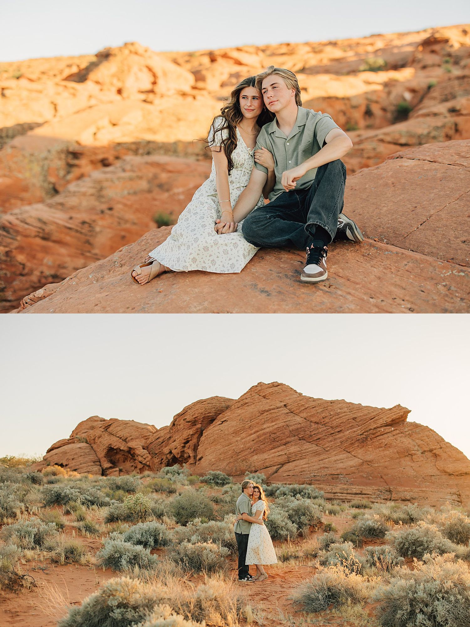 Couple sitting on red rock formations in desert landscape during golden hour at Red Rock Canyon.