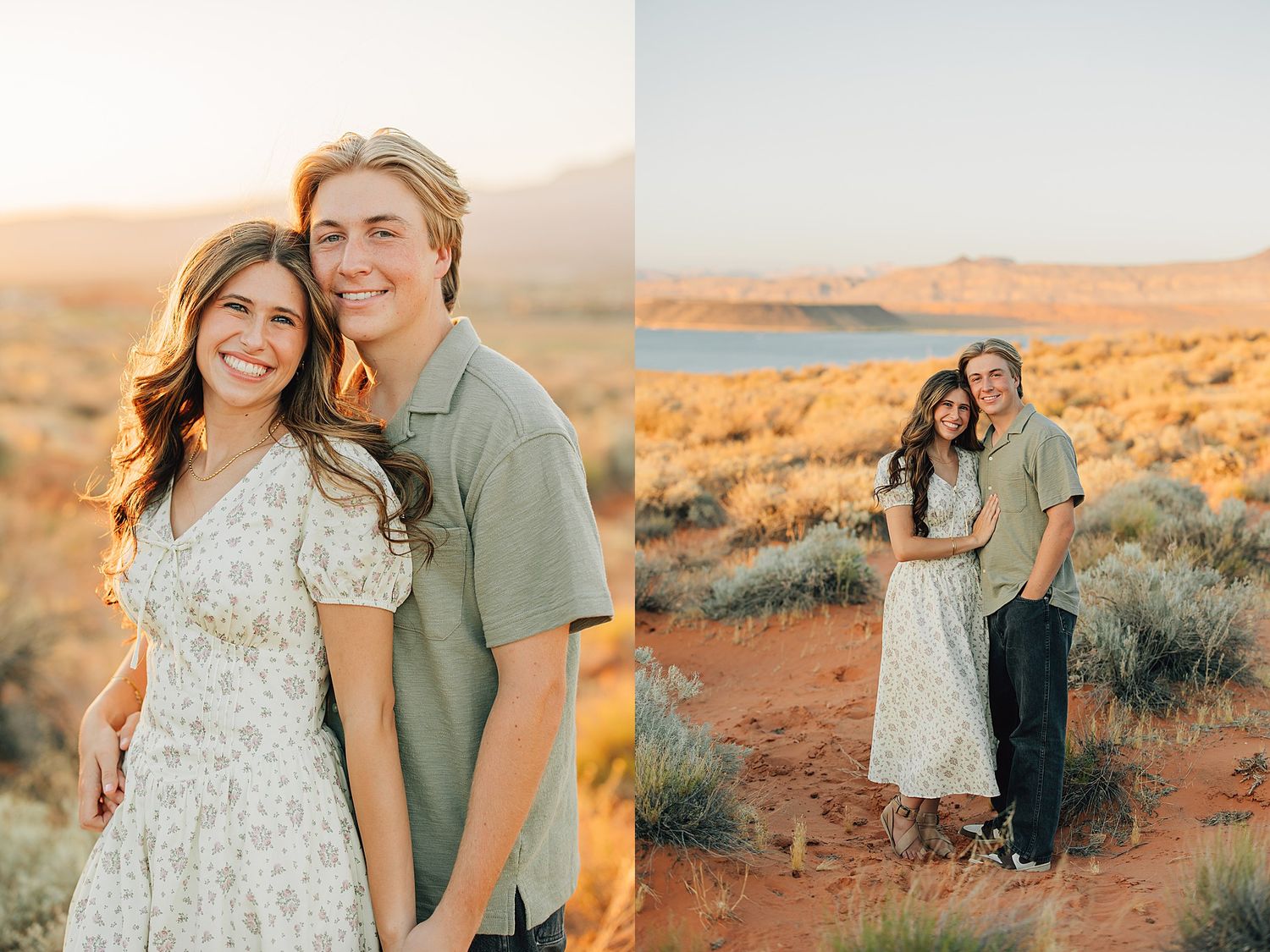 Couple posing together at golden hour in a desert landscape with red sand and sage brush, woman in floral dress.