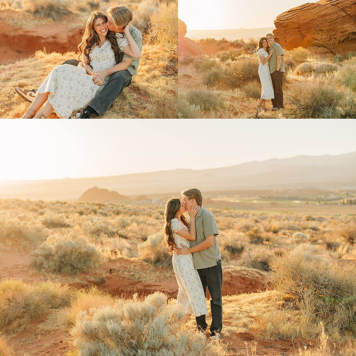 Couple embracing at golden hour in a desert landscape with red rock formations and mountain views.