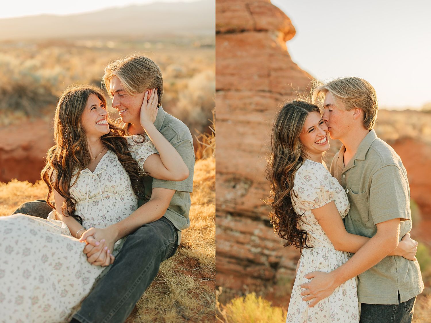 Couple laughs and embraces on red rock desert overlook during a glowing golden hour photo session.