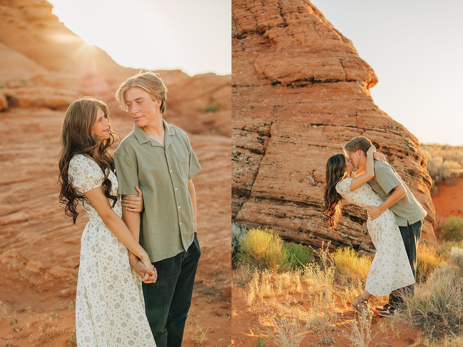 Young couple holds hands and shares a kiss near red sandstone formations in warm golden light.
