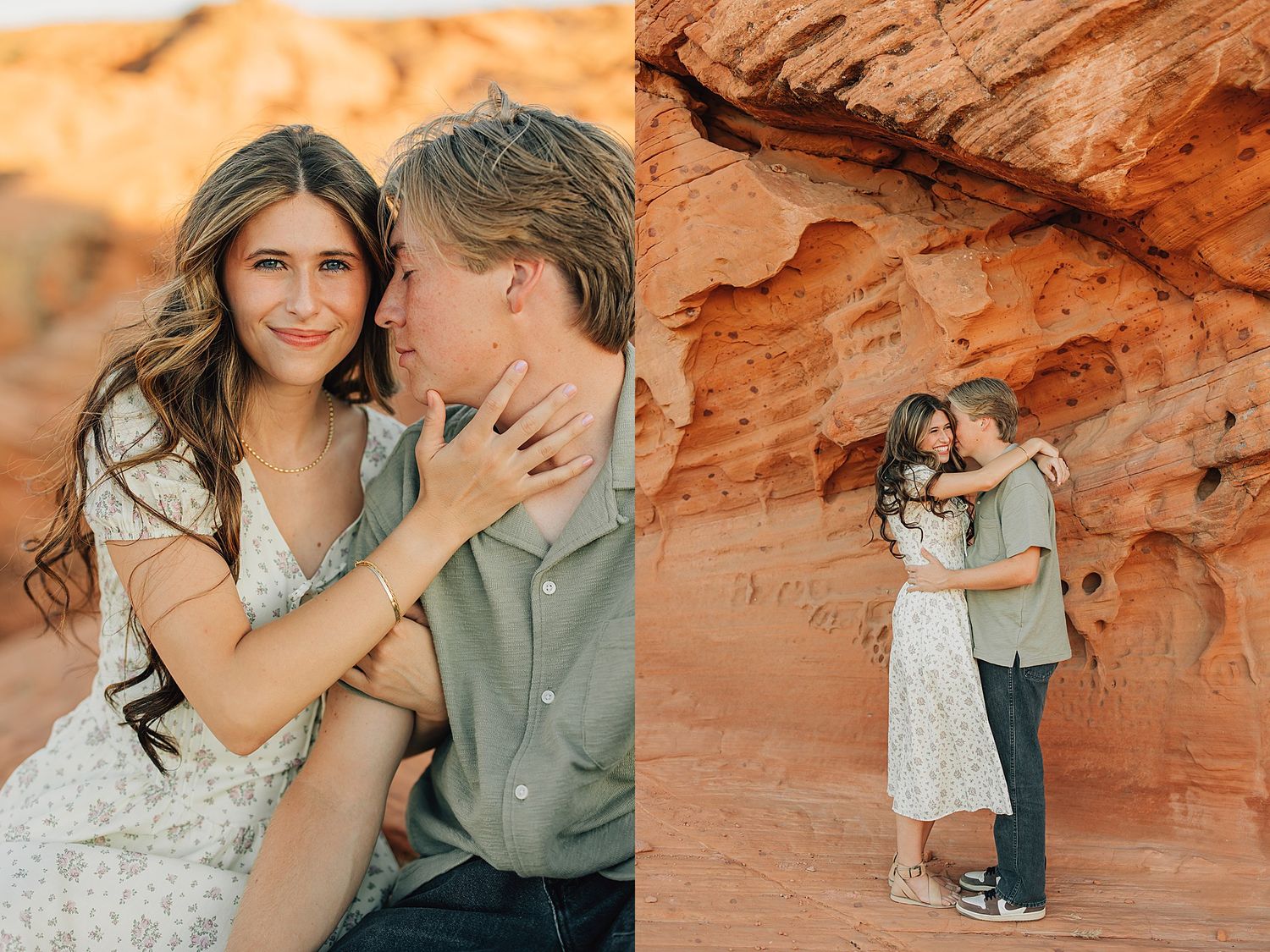 Couple embracing against red rock canyon walls during a romantic desert engagement photo session.