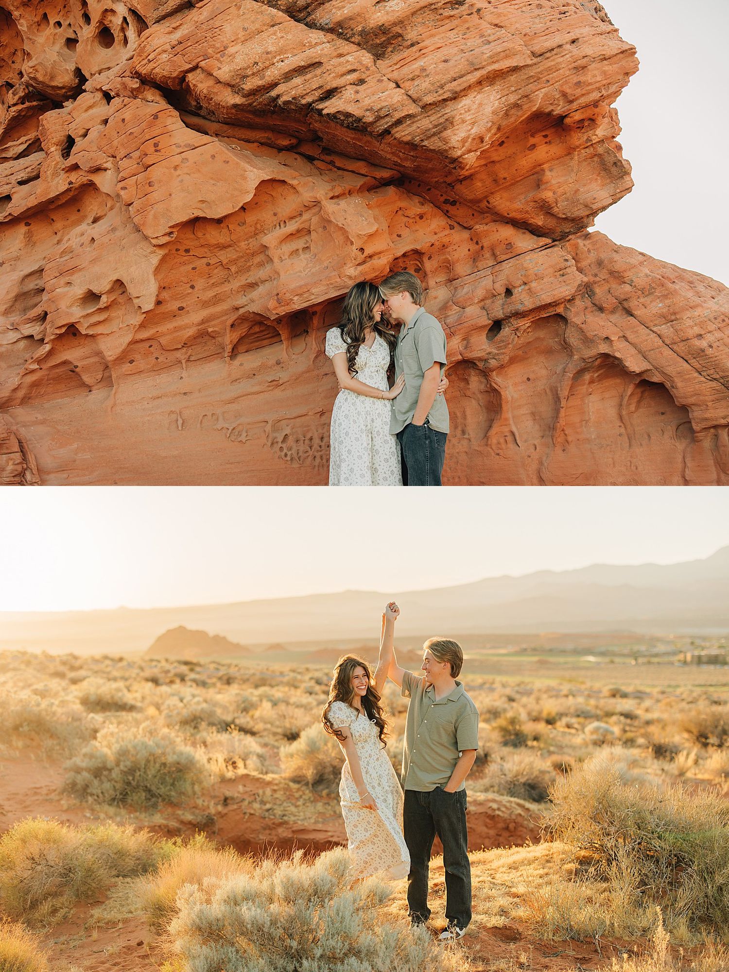 Couple kisses against red rock canyon walls then dances in vast desert landscape at sunset.