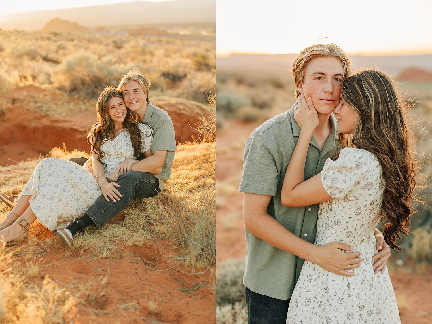 Couple poses together on red desert rocks at golden hour, woman in floral dress and man in sage green shirt.