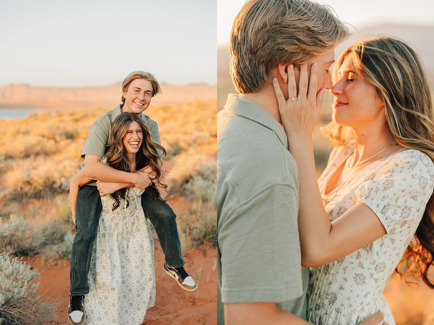 Couple shares romantic golden hour moment in desert landscape, piggyback ride and tender almost-kiss.