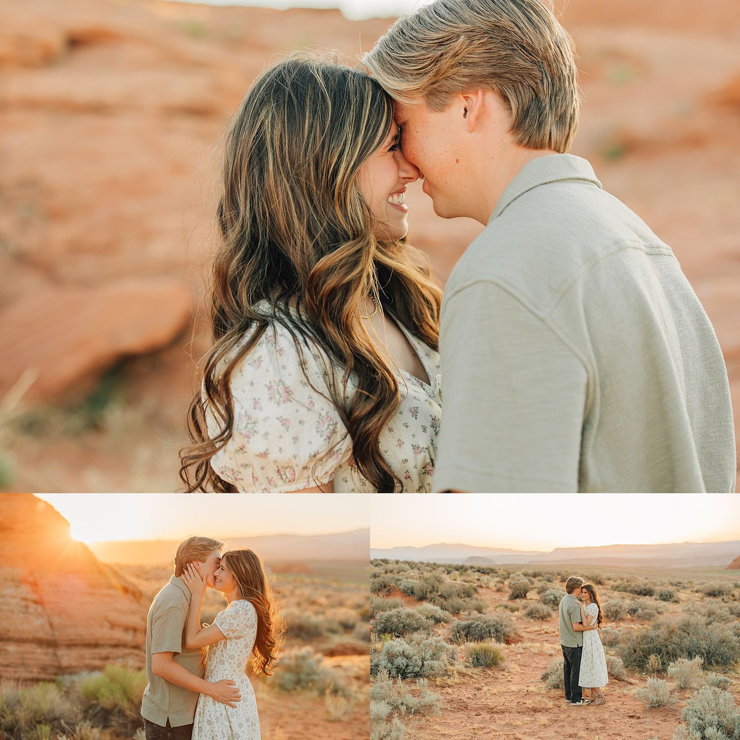 Romantic couple sharing an intimate moment in a desert landscape with red rocks and golden sunset light.