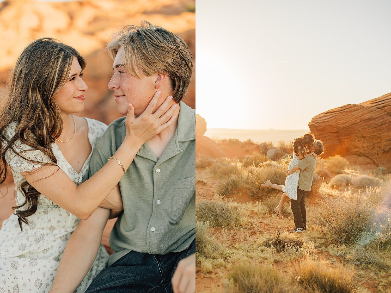 Couple embracing near red rock formations in a desert landscape with warm golden sunset light.