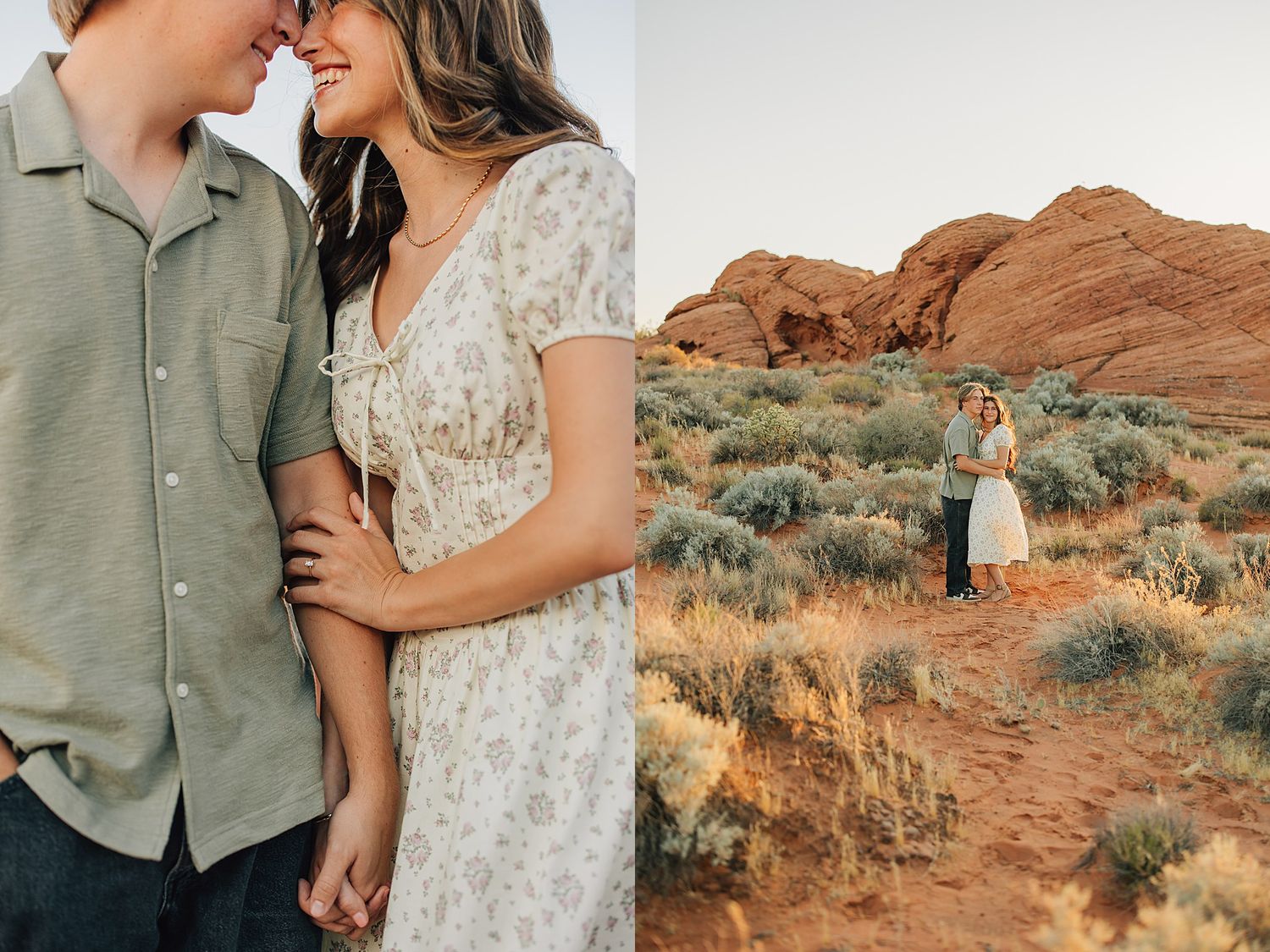 Couple in desert engagement photos, woman in floral dress and man in sage shirt, red rock formations backdrop.