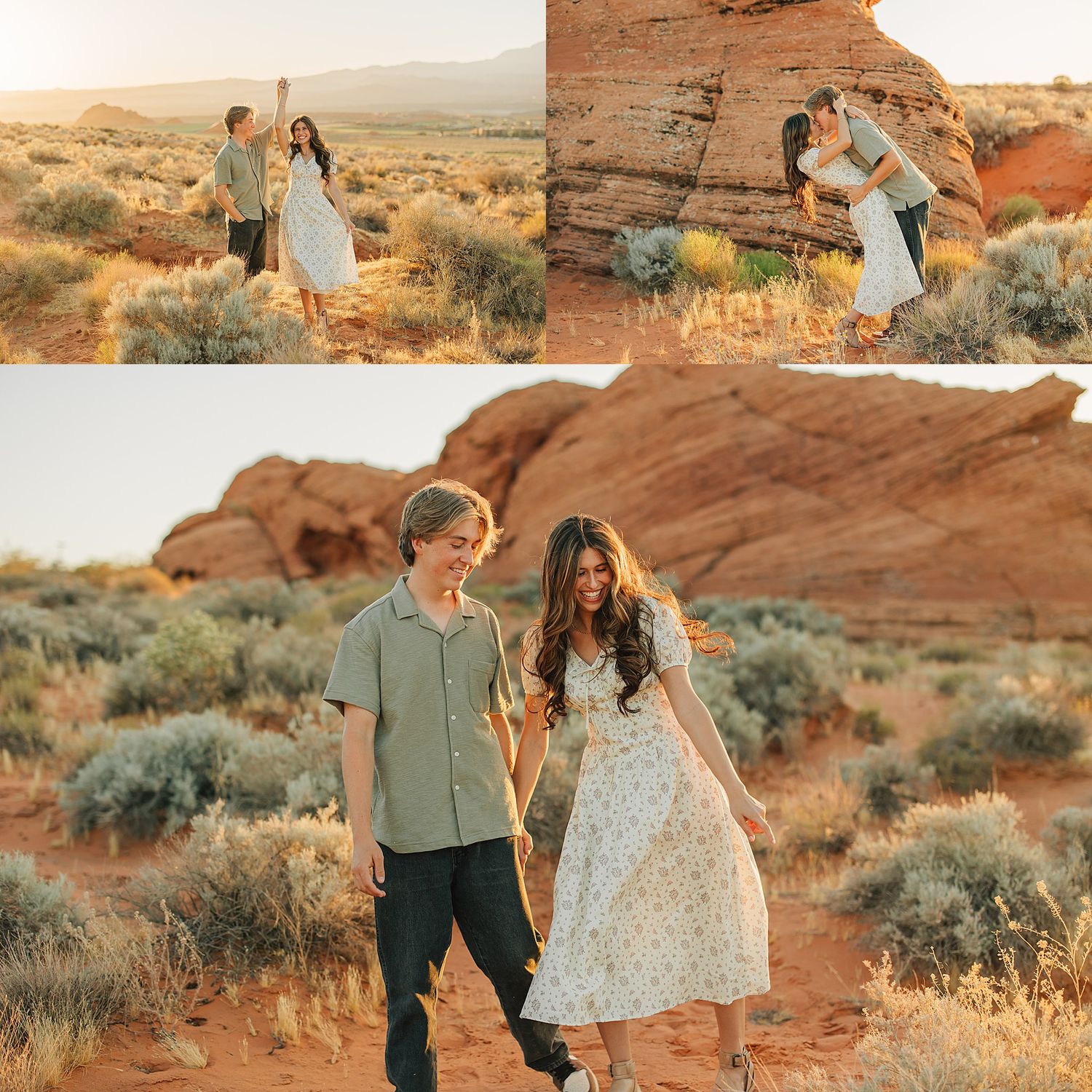 Romantic couple holding hands and kissing among red sandstone rocks and desert shrubs at sunset.