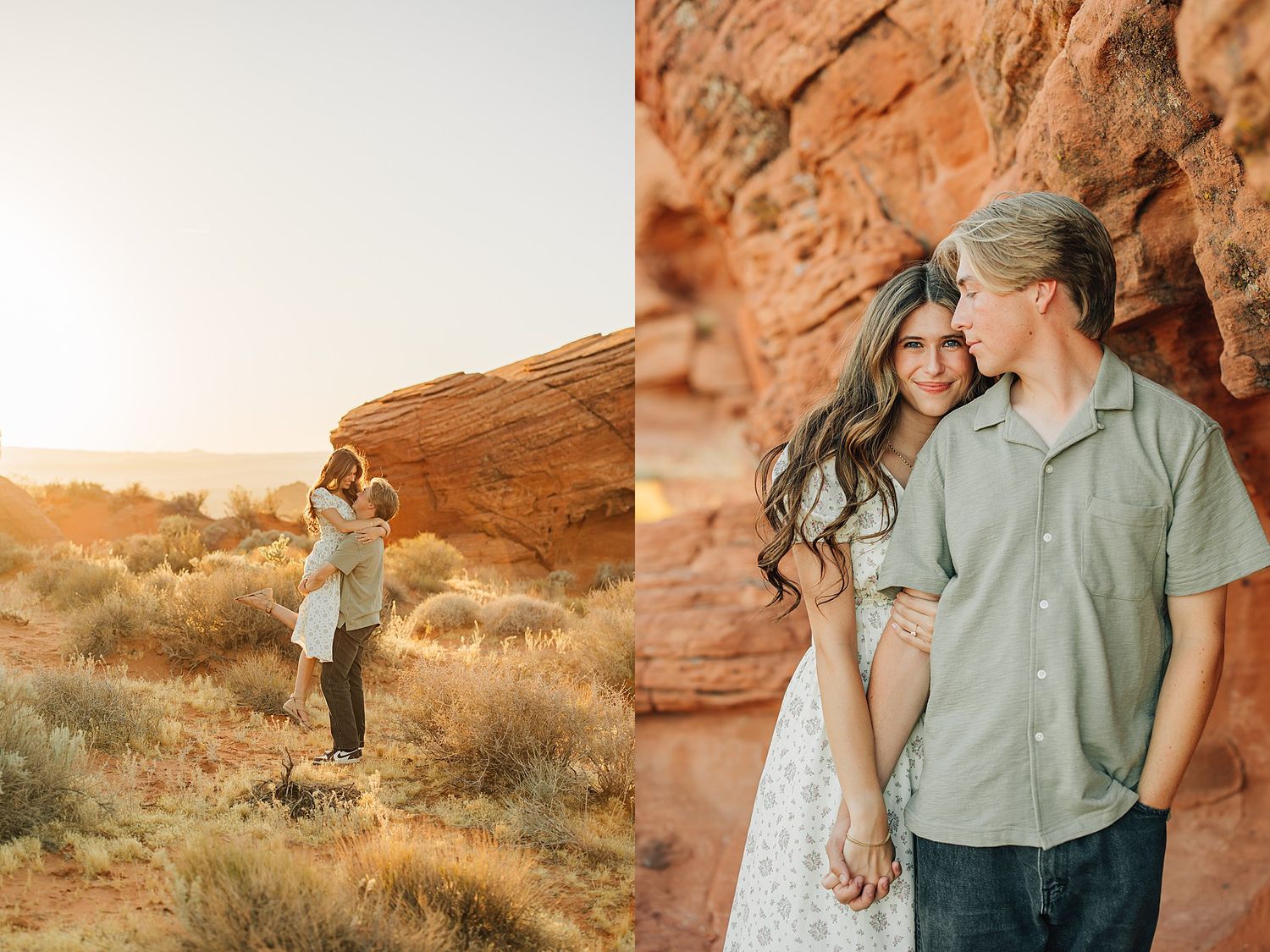 Romantic couple embracing near red rock formations in warm desert setting during golden hour.