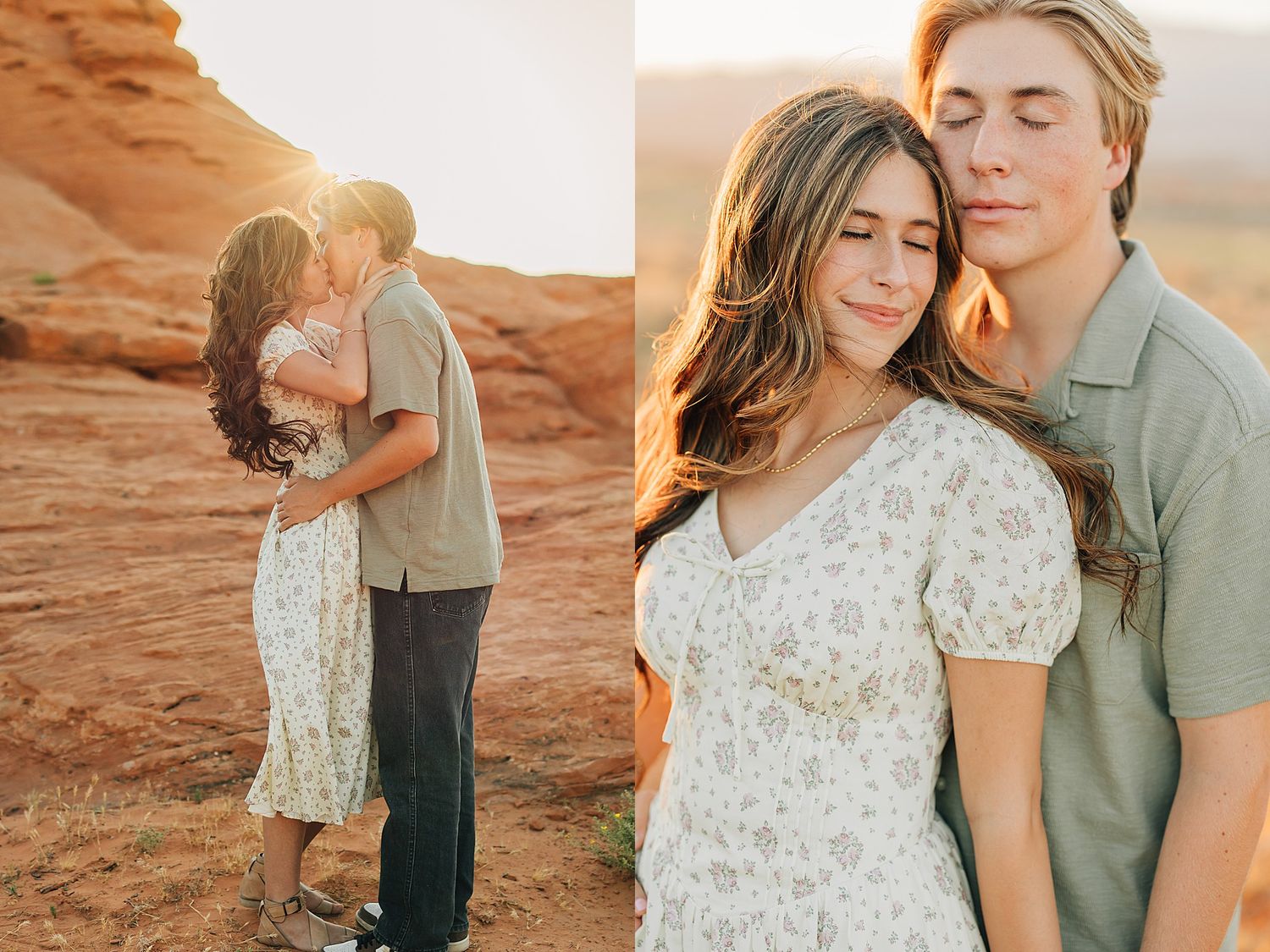 Couple sharing a golden hour kiss on red rock desert landscape, woman in floral dress embracing man in sage green shirt.
