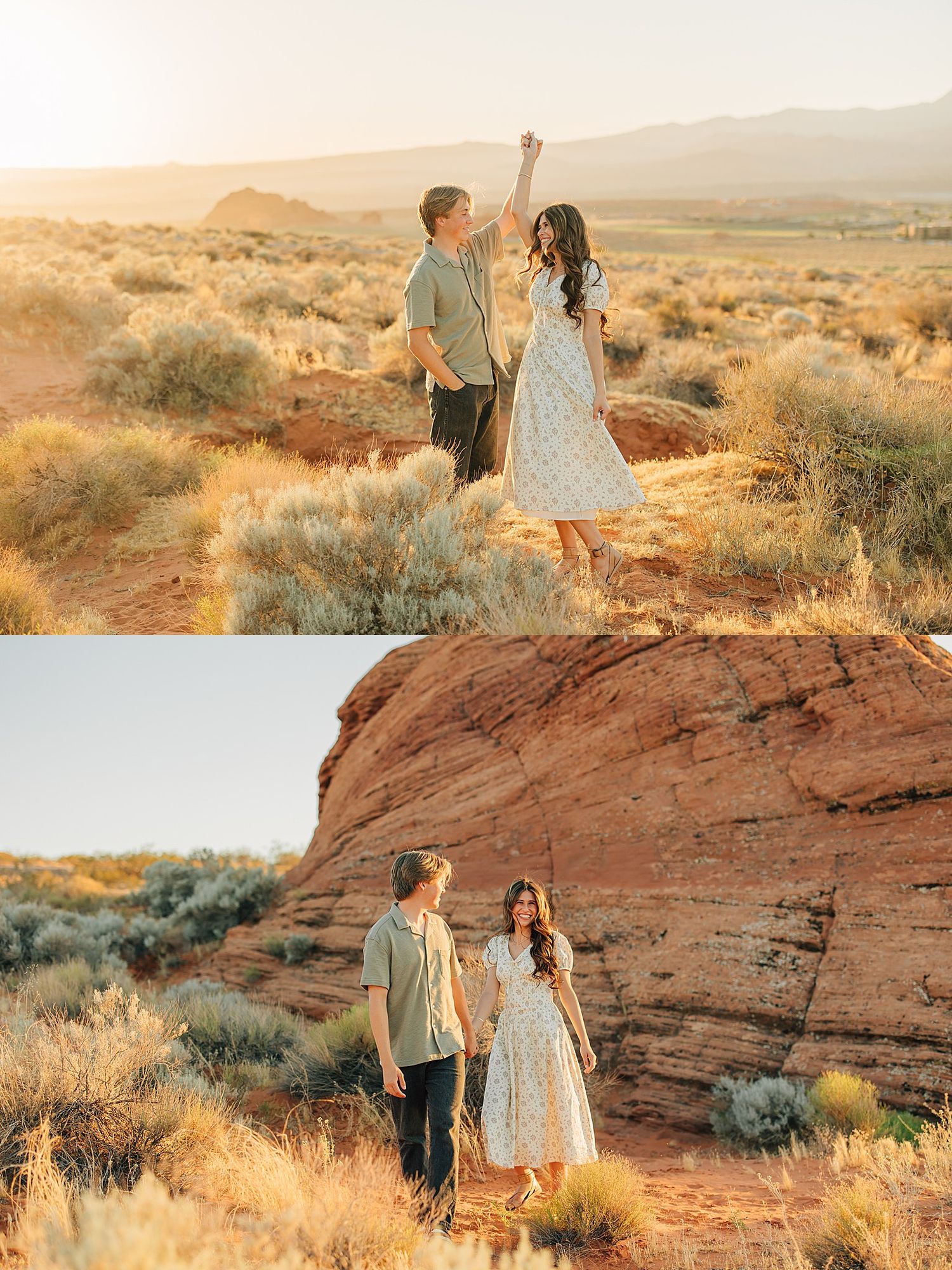Couple dancing and walking in golden desert landscape with red rocks and sagebrush at sunset.