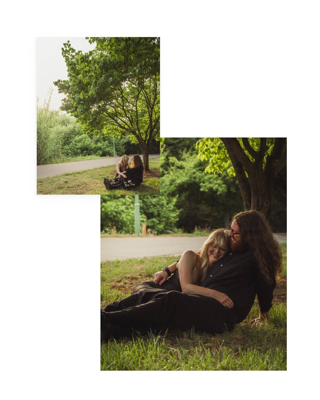 Couple sitting together under a green tree in a park, dressed in black, sharing a tender romantic moment on the grass.