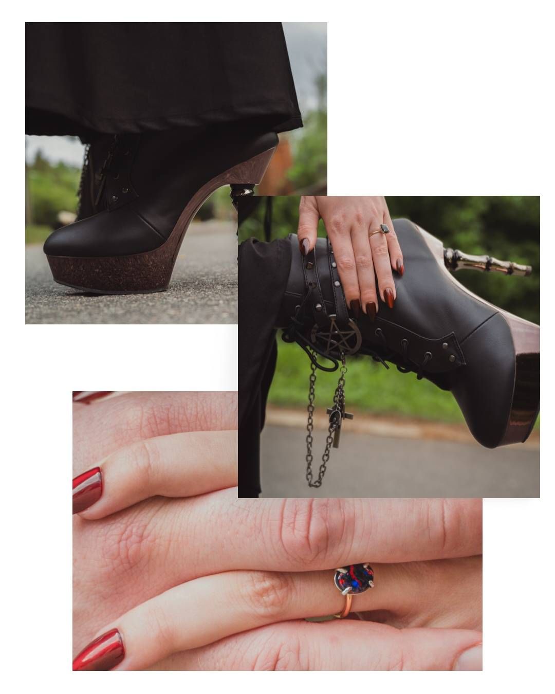 Black platform heels, studded boots with chains, and close-up of a blue gemstone ring with red nail polish.