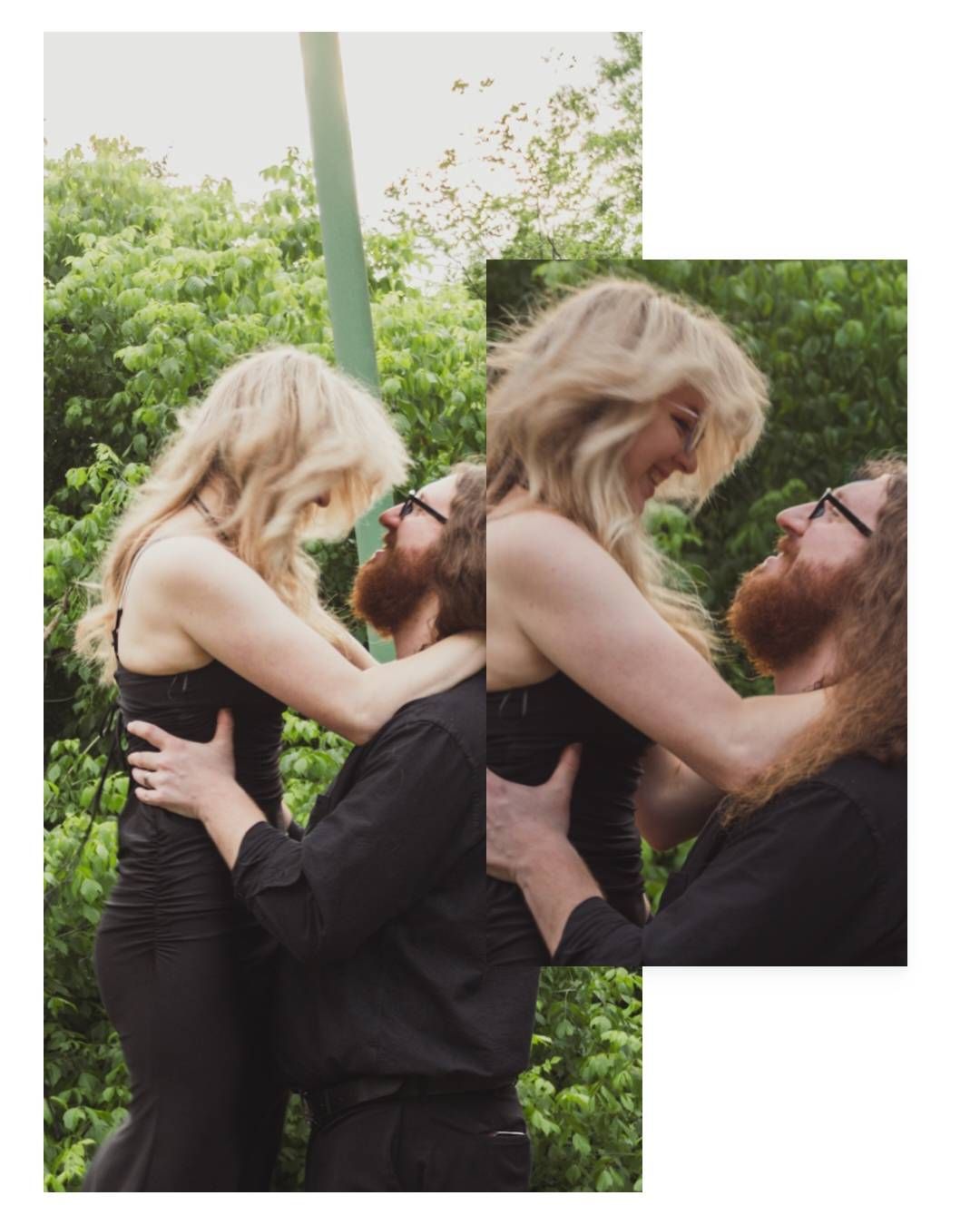 A blonde woman in a black dress embraces a bearded man outdoors, shown in two overlapping romantic couple photos.