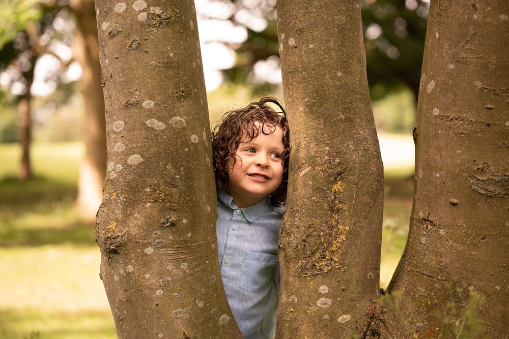 A curly-haired child peeking playfully between two tree trunks in a lush green park.