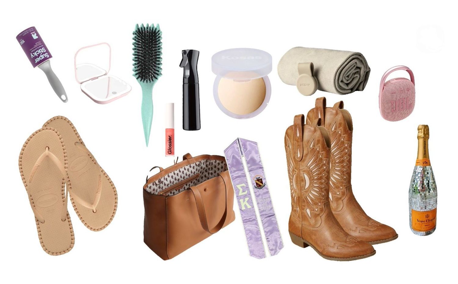 A collection of everyday items including boots, sandals, hairbrushes, toiletries, and clothing arranged in a horizontal line.