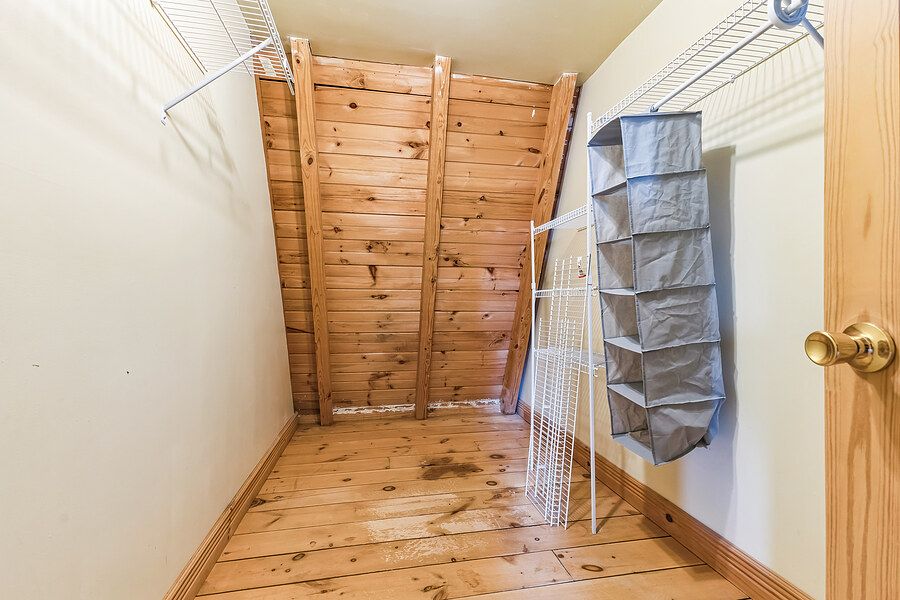 Walk-in closet with knotty pine wood walls, hardwood floors, wire shelving, and a hanging fabric organizer on the door.