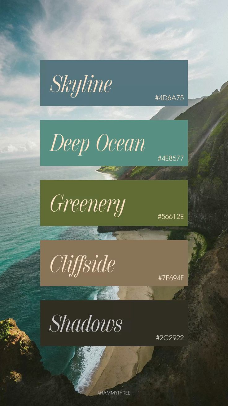 Coastal color palette with five swatches: Skyline, Deep Ocean, Greenery, Cliffside, and Shadows, displayed over a scenic ocean cliff.