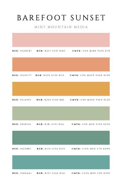 Barefoot Sunset color palette by Mint Mountain Media featuring pink, terracotta, gold, sage green, and teal swatches with hex codes.