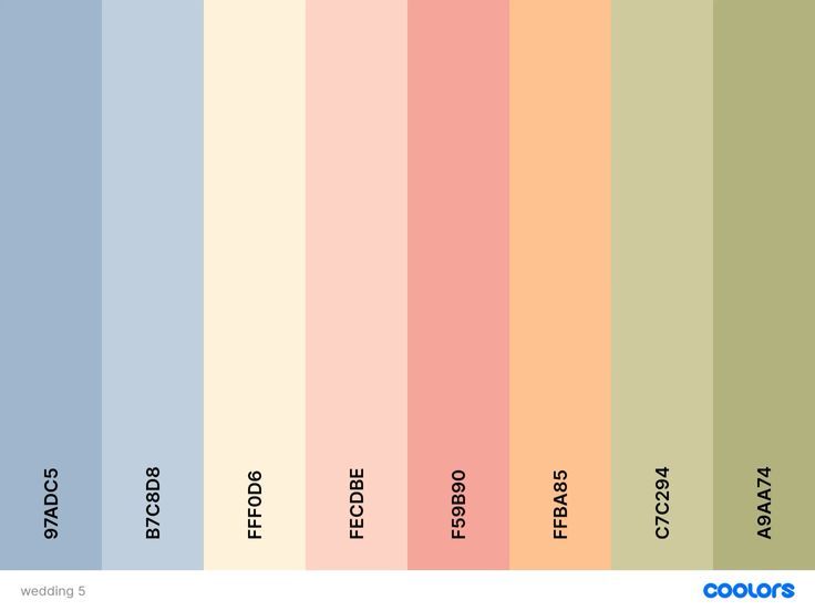 Wedding color palette featuring soft blue, beige, cream, peach, salmon, light orange, mint, and olive green swatches from Coolors.