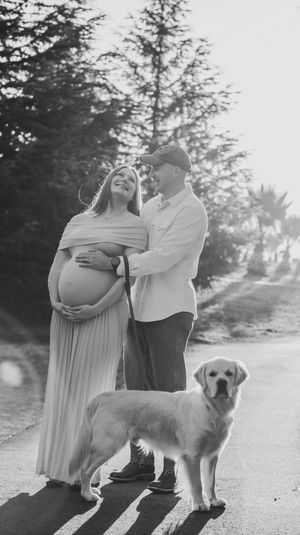 Black and white maternity photo of a pregnant couple with a Golden Retriever dog outdoors on a sunlit path.
