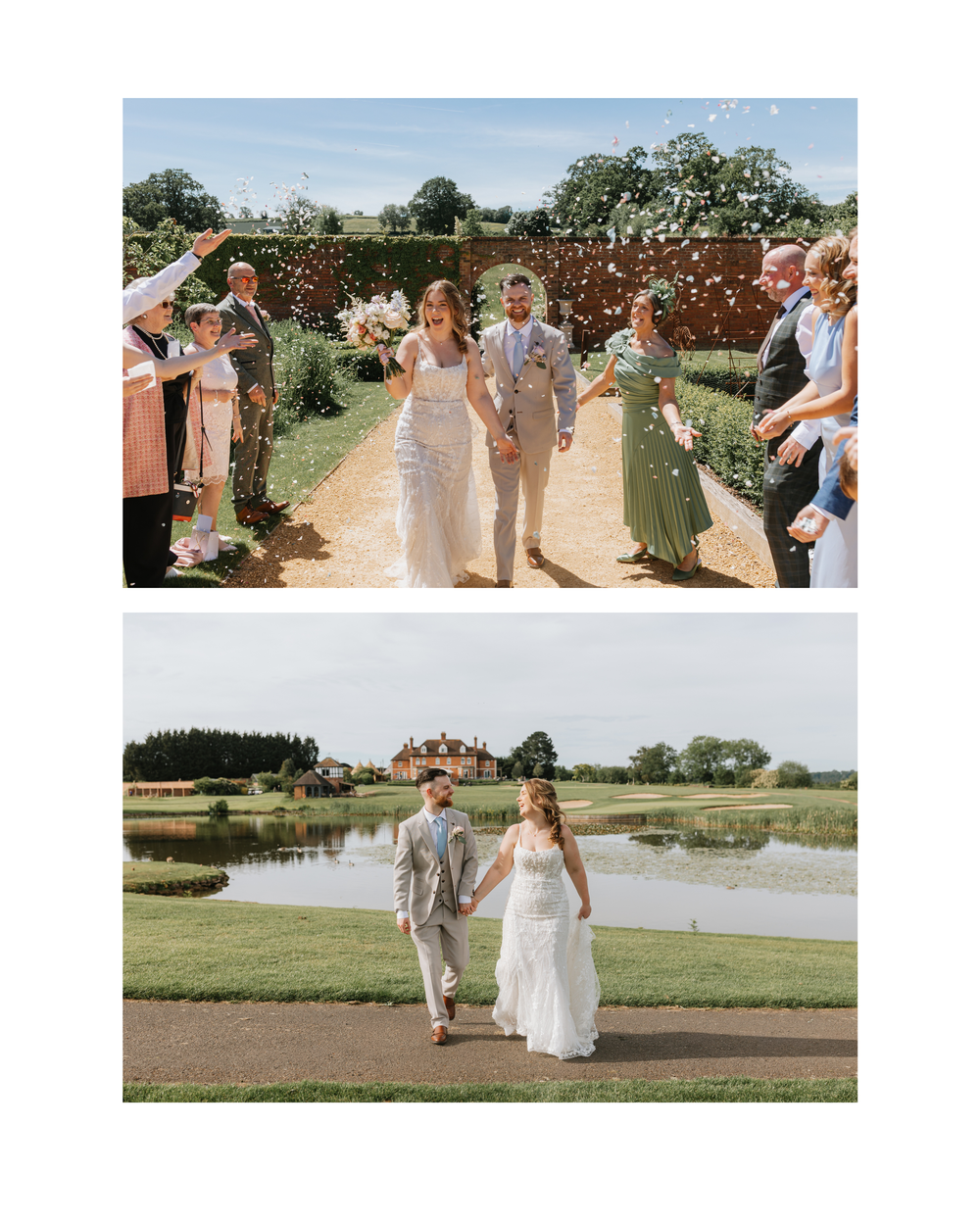 Bride and groom walk through confetti shower with guests cheering, then stroll hand-in-hand by a pond at a sunny wedding venue.