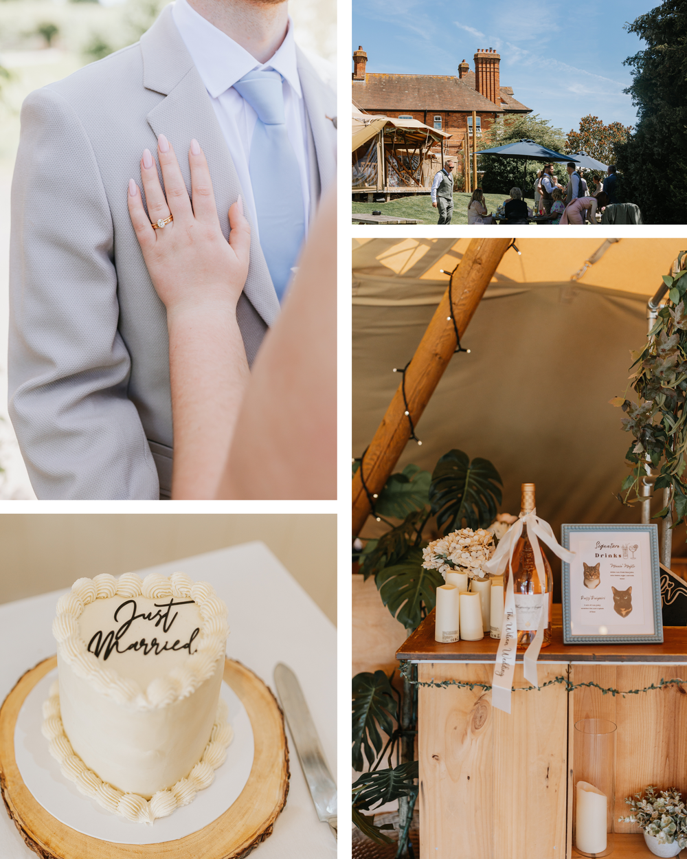 A wedding collage featuring a ring close-up, outdoor ceremony, tent reception decor, and a white Just Married cake on wood.