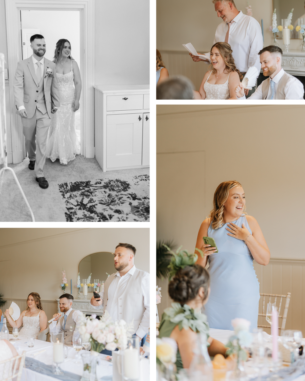Wedding collage featuring bride and groom portrait, reception speeches, and guests celebrating in elegant venue.