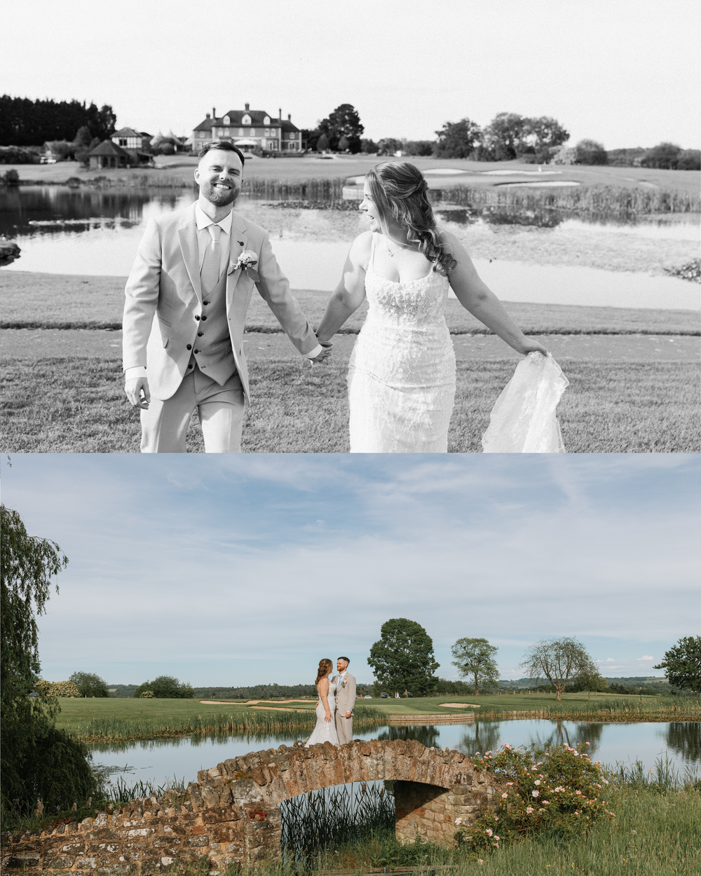 A bride and groom hold hands in a black and white photo above a color shot of them on a stone bridge by a pond.