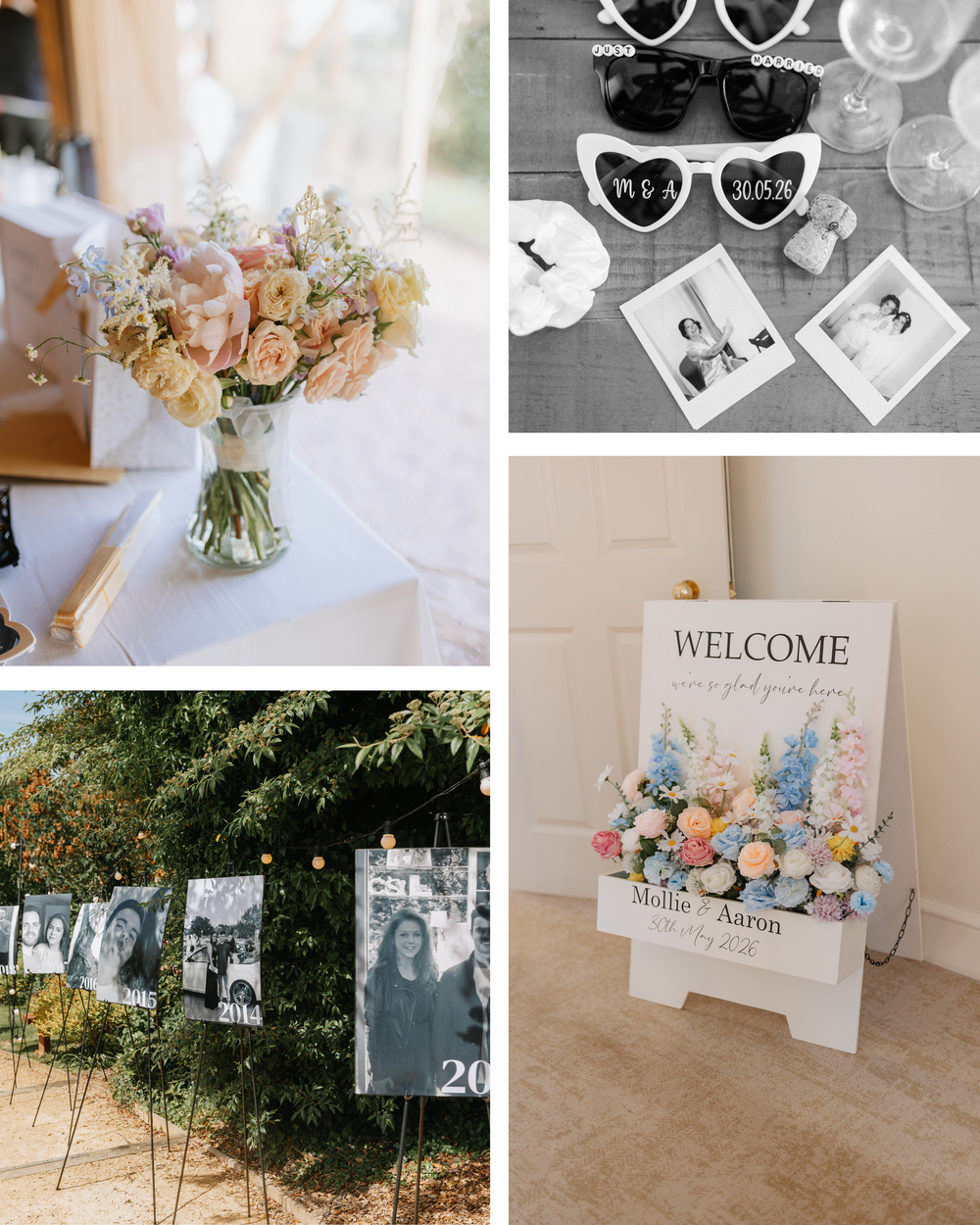 Elegant wedding collage featuring floral bouquet, heart sunglasses props, outdoor photo display, and a welcome sign with pastel blooms.