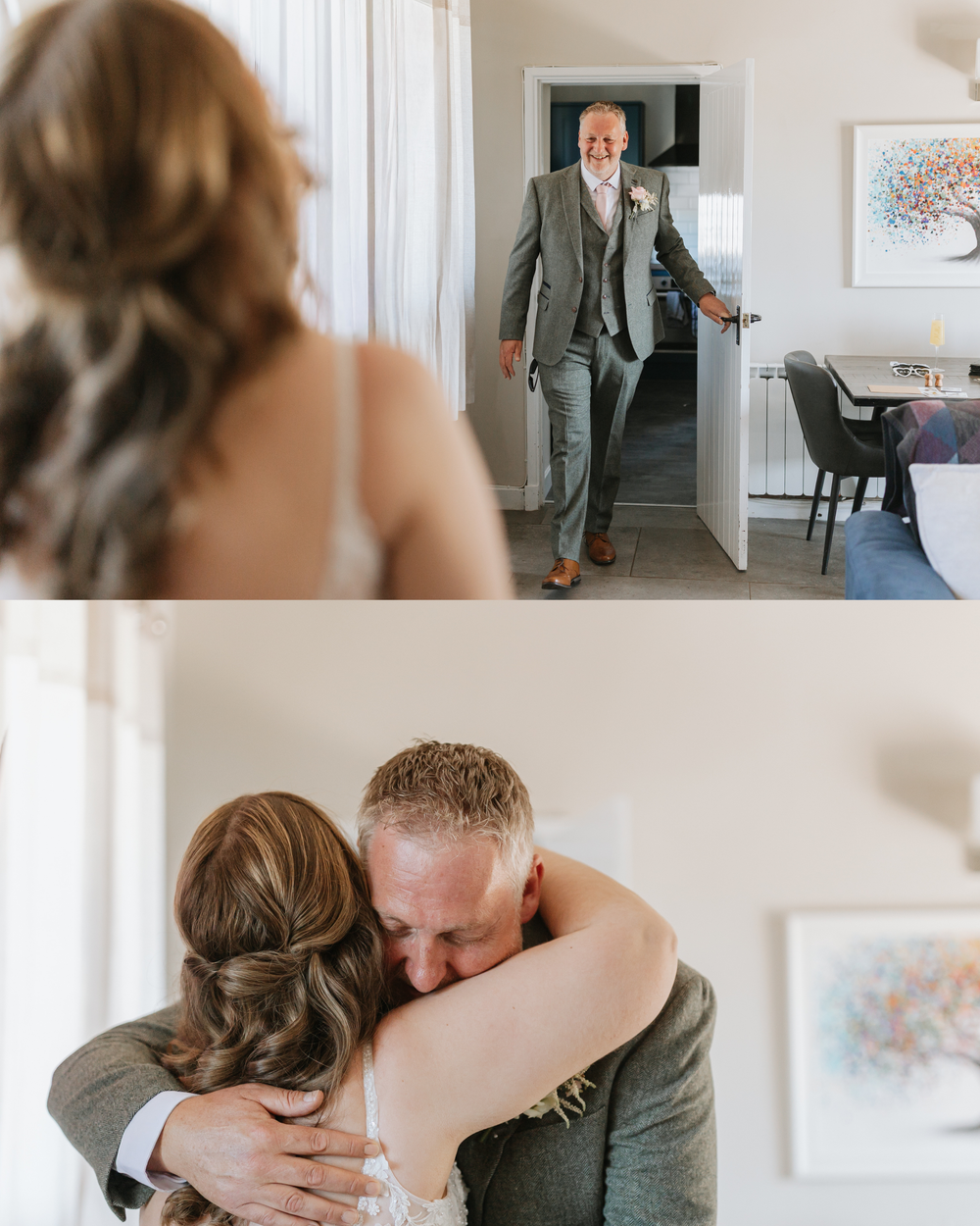 Father of the bride seeing his daughter in her wedding dress for the first time, sharing an emotional embrace.
