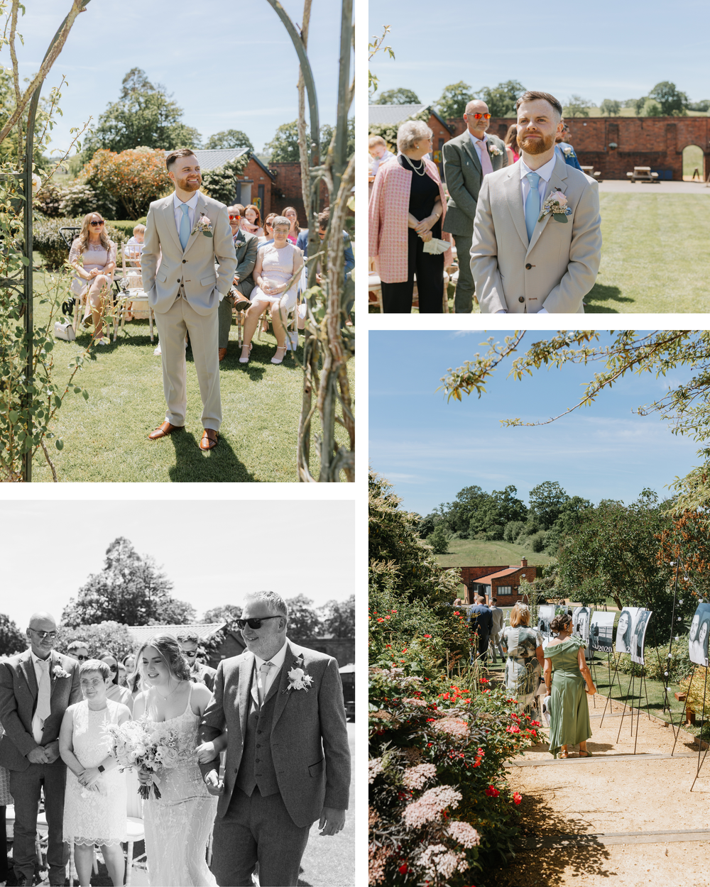 Groom in beige suit waits at outdoor wedding altar surrounded by guests seated on white chairs in a sunny garden.