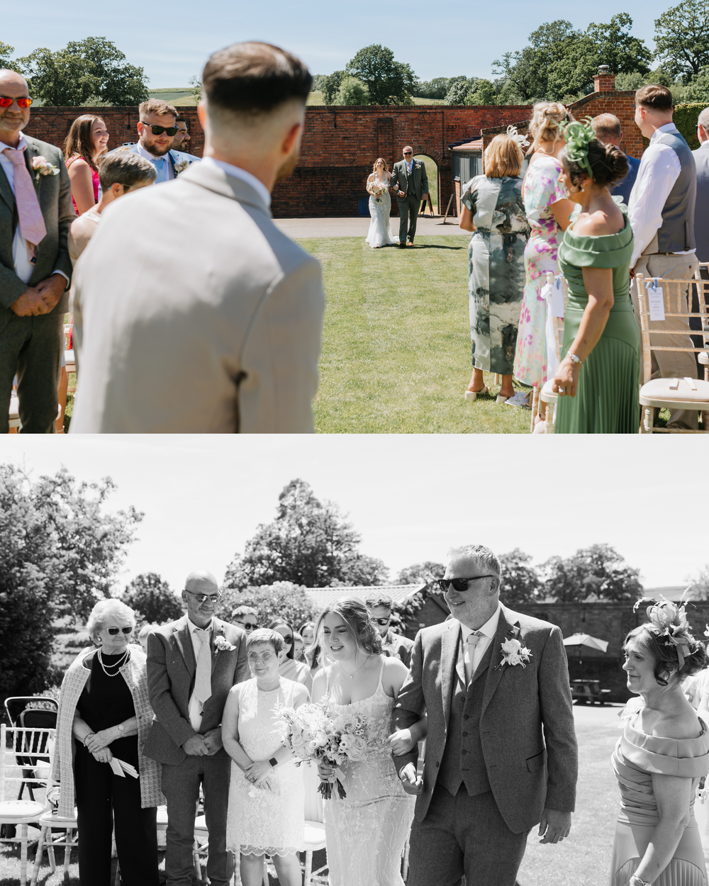 Outdoor wedding ceremony with guests seated on chairs, bride walking down the aisle in a sunny garden setting.