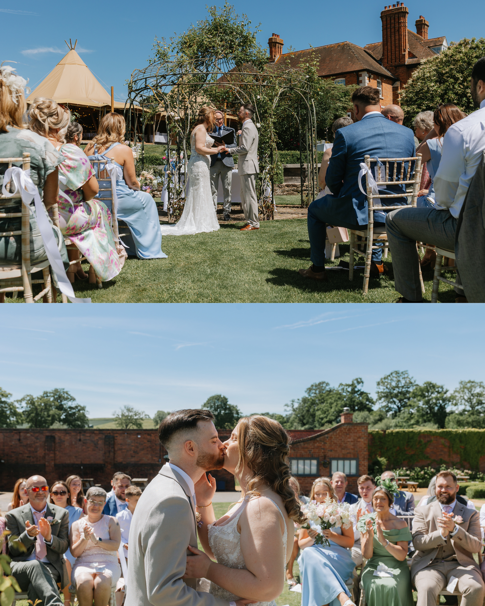 Outdoor wedding ceremony and couple kissing at a sunny English country house venue with guests celebrating.